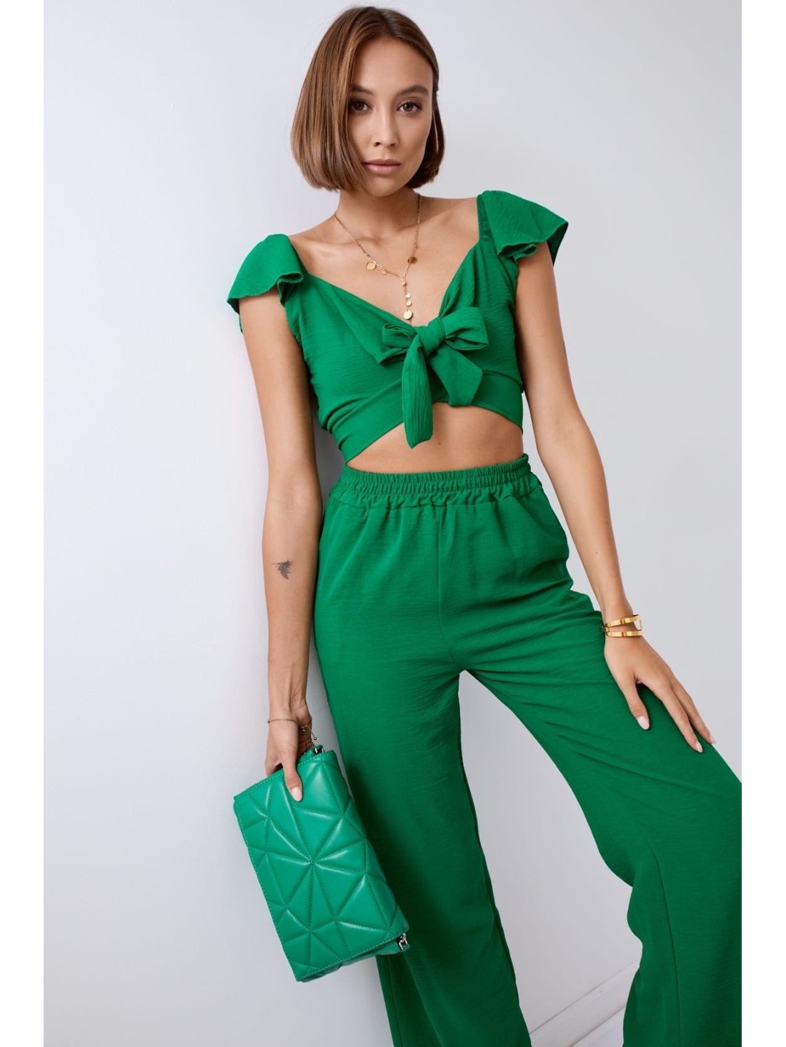 Dark green crop top set with wide pants 8108 - Online store - Boutique